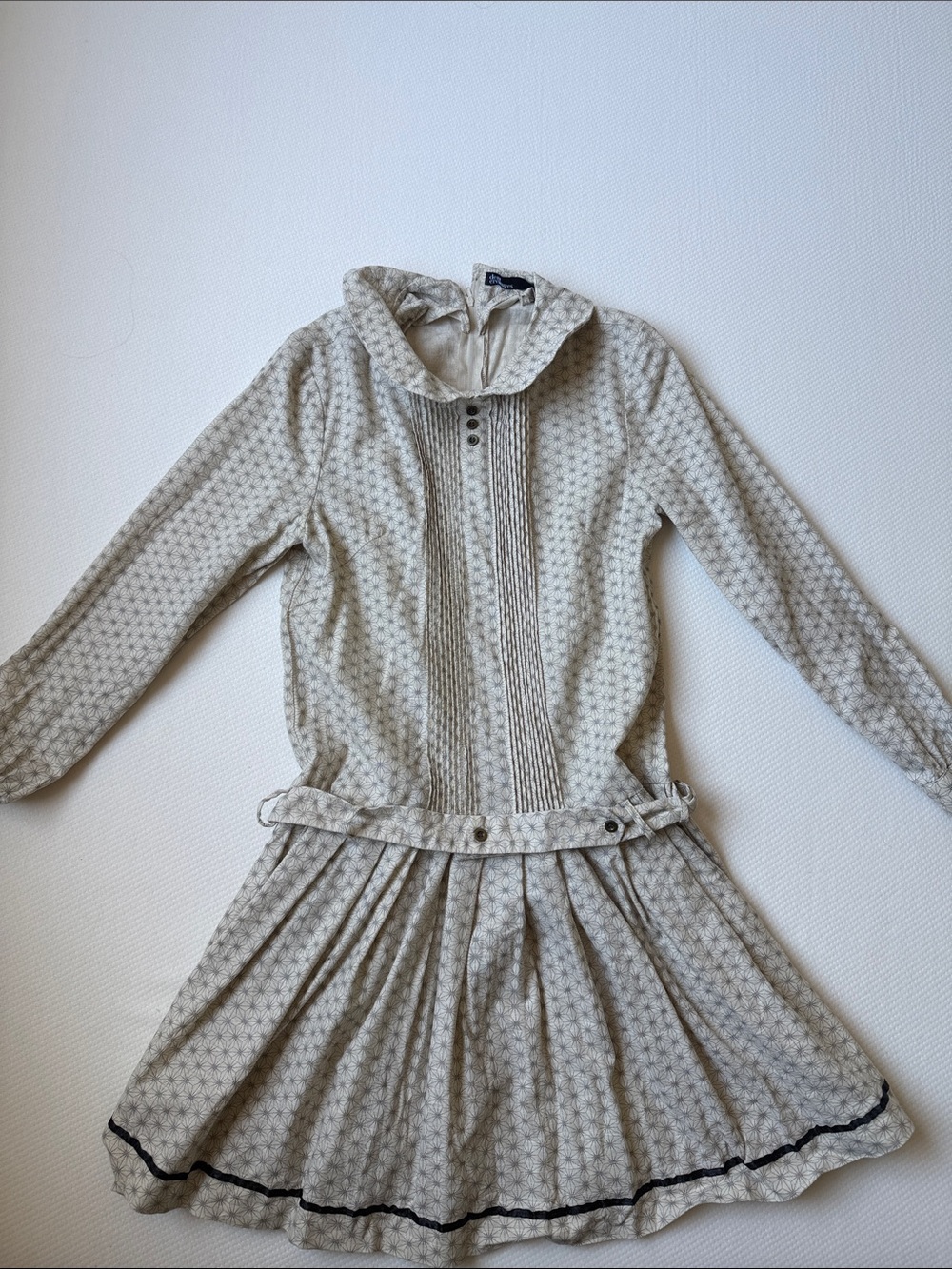 Cream Long-Sleeve Pleated Dress with Pintuck Front
